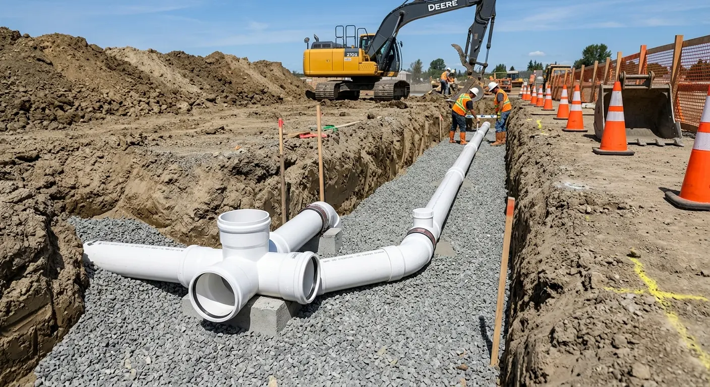 New PVC sewer pipe installation in open trench for Commercial Drain Cleaning in Polk City