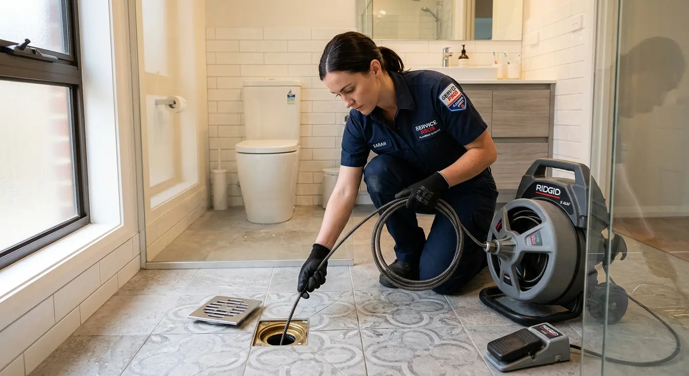 Technician clearing a bathroom floor drain for Clogged Drain Repair in Polk City